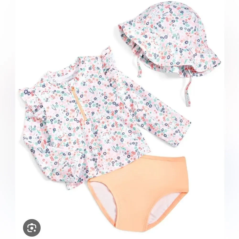 Girl Swim 3-Piece Set - Bright White Floral - Picture 1 of 1
